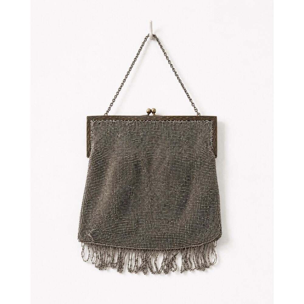Antique Art Deco Silver Tone Mesh Evening Purse Beaded Fringe Chain Handle 1920s - Picture 1 of 11